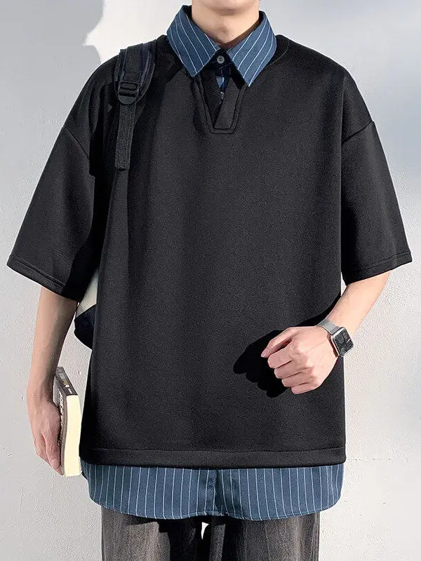 

Свободная полосатая рубашка в американском стиле, летняя новинка, имитация двухслойности, с коротким рукавом, из полиэстера, молодежная мода