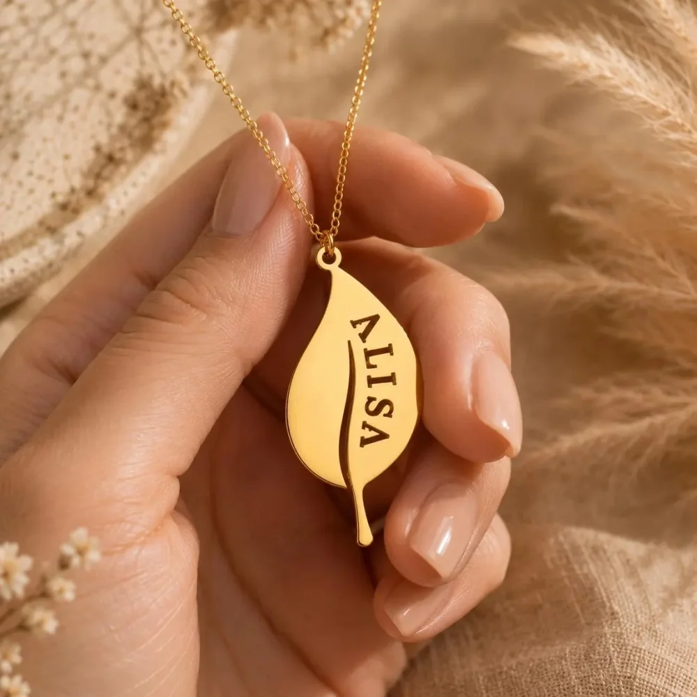 Custom Hollow Name Leaf Shape Necklace Personalized Nameplate Dainty Necklace Stainless Steel Natural Jewelry Gifts For Her