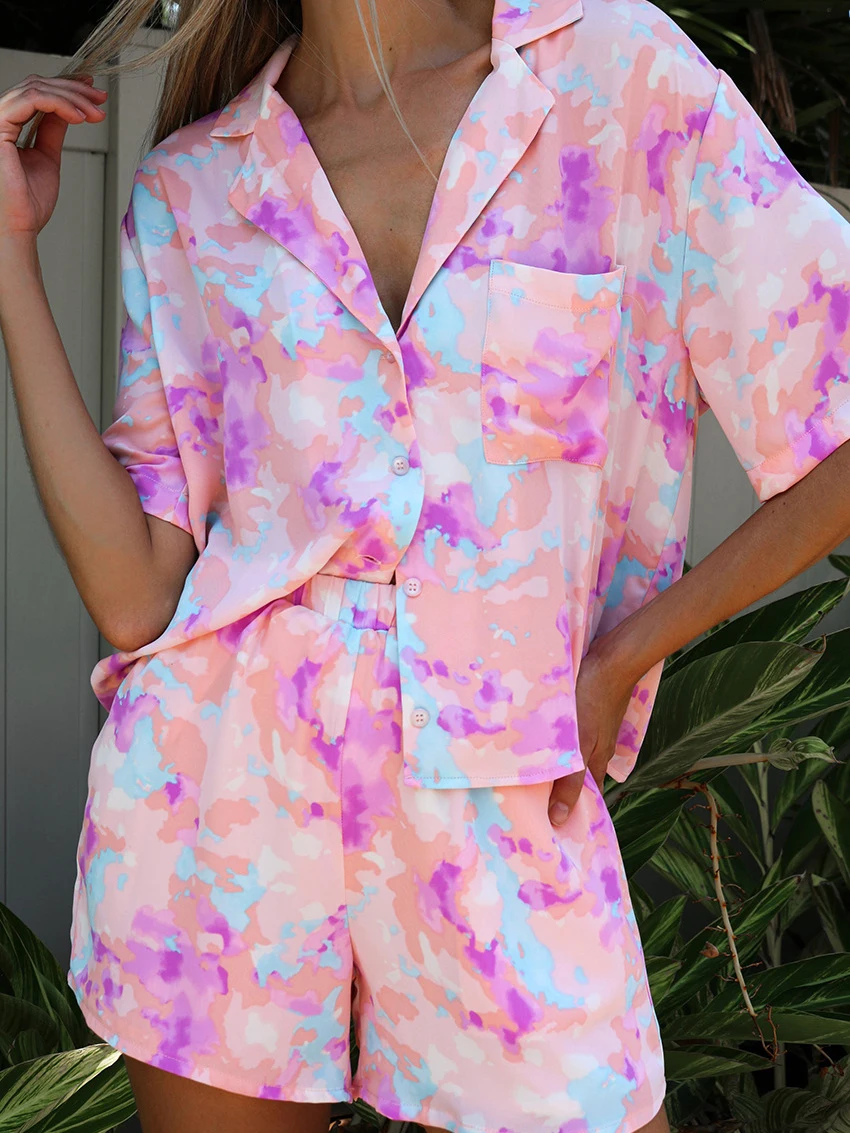 Marthaqiqi Printing Women'S Pajama Set Sexy Turn-Down Collar Sleepwear Half Sleeve Nightgown Shorts Casual Ladies Nightwear Suit
