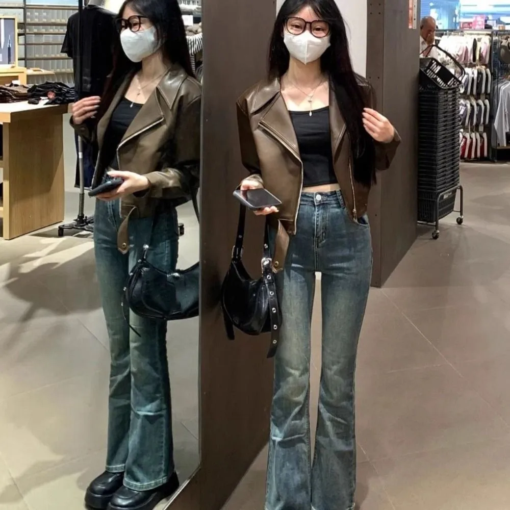 Retro Pleated Leather Jacket Women Korean Chic Outerwear Vintage PU Coats Lapel Collar Windbreaker Jackets Y2k Women