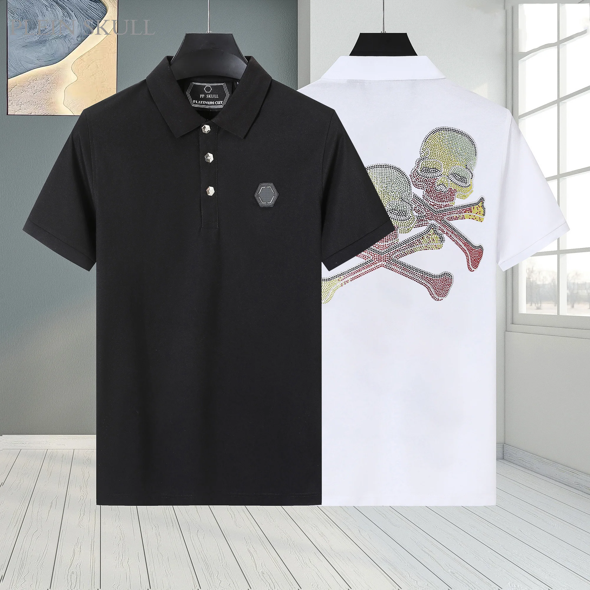 Fashion Plein Skull Men's Polo Shirt Black Pure Cotton Rhinestone Skull Back Design Punk Streetwear Luxury Soft Casual Daily Top