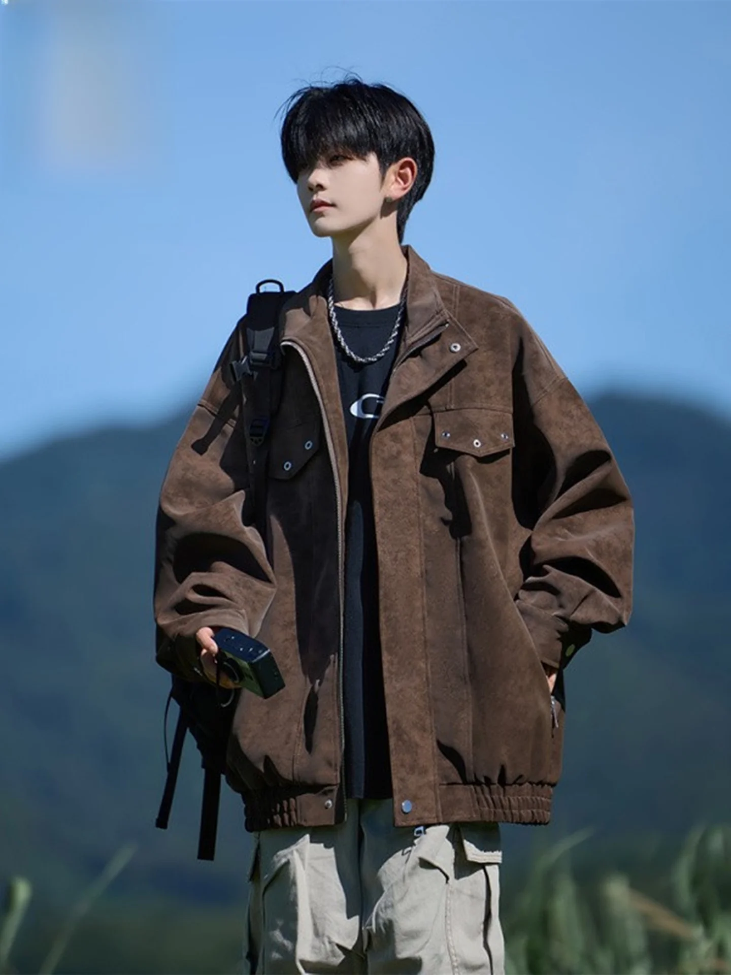 

Jeanswest PU Leather Jaet Men's Thiened Warm Cotton Coat Turn-down Collar Outerwear for Teenagers American Sle Workwear