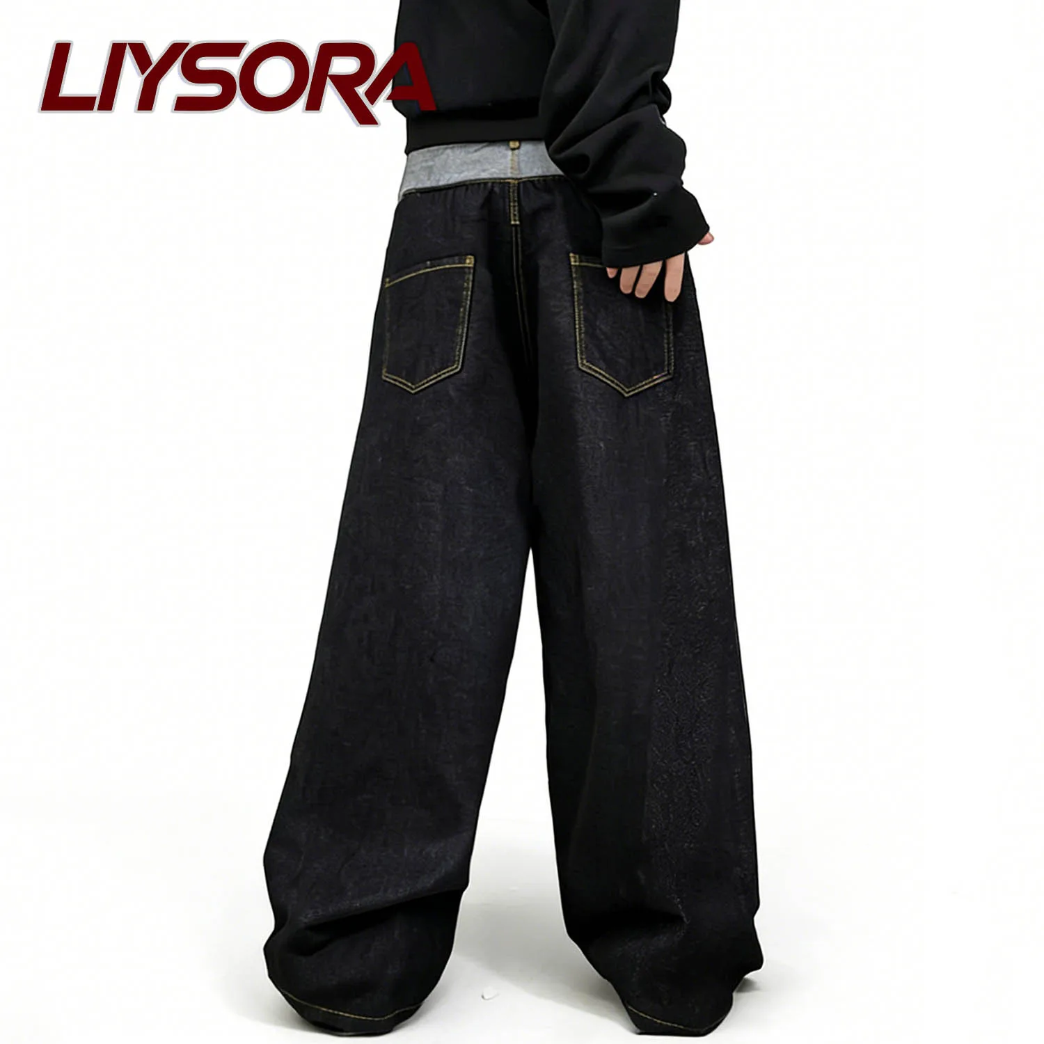 جينز رجالي أسود بتصميم عتيق بخصر مزدوج فضفاض وواسع الساق بتصميم الشارع من قماش الدنيم ملابس جينز فضفاضة واسعة الساق للجنسين #5