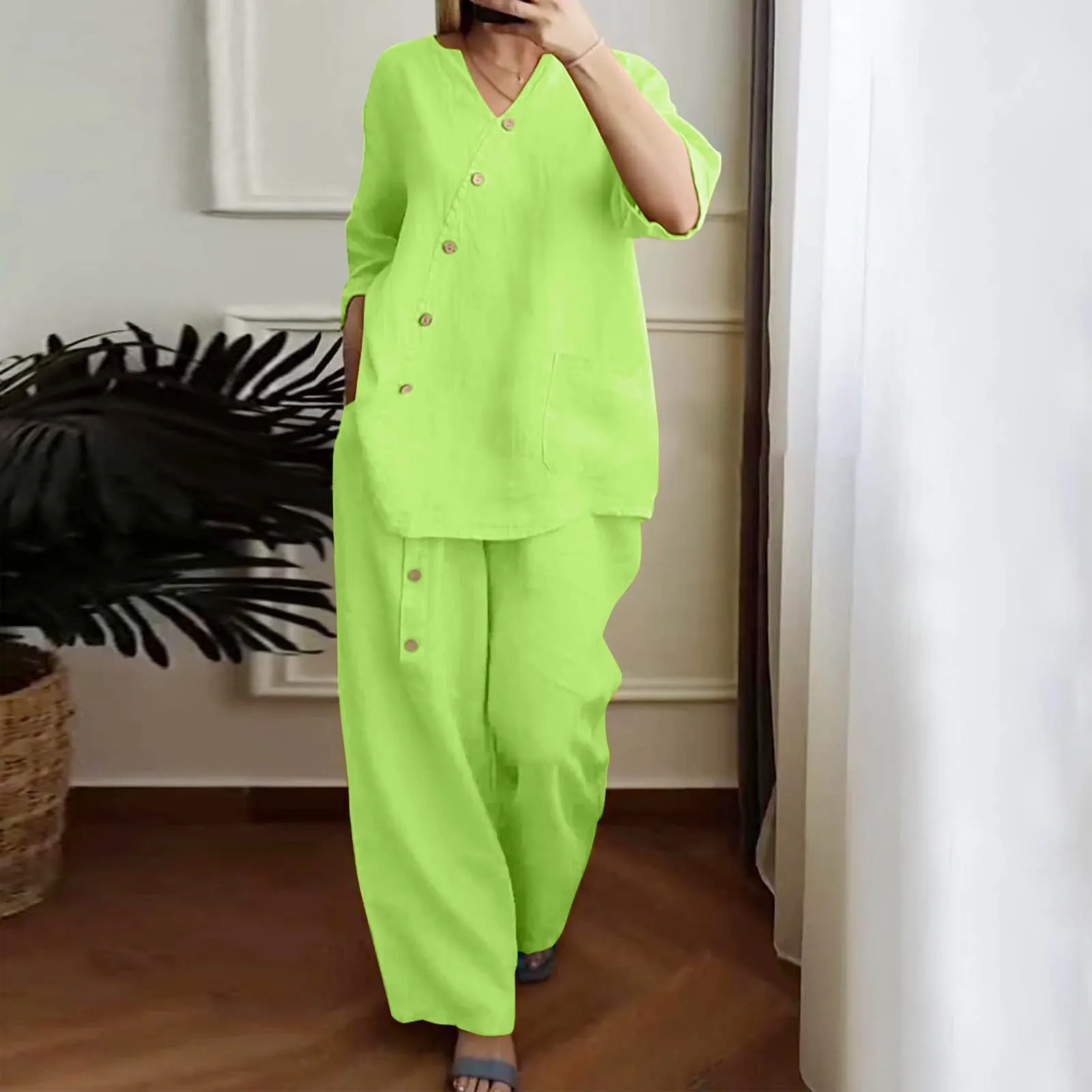 

Solid Color Cotton And Linen Casual Female Pant Sets Three Quarter Sleeve Tops And Loose Wide Leg Pants Two Piece Suits