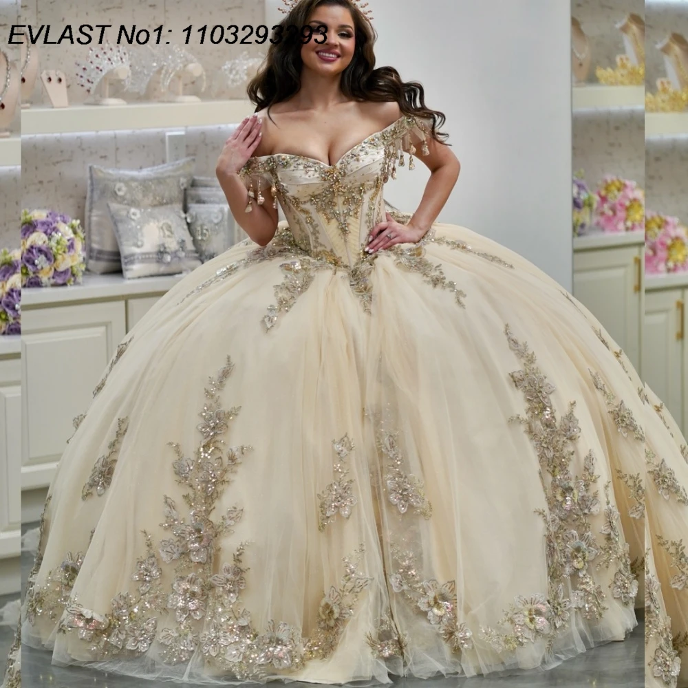

EVLAST Customized Princess Champagne Ball Gown Quinceanera Dress Sequins Applique Beading Sweet 16 Vestidos De 15 Anos E1QN39