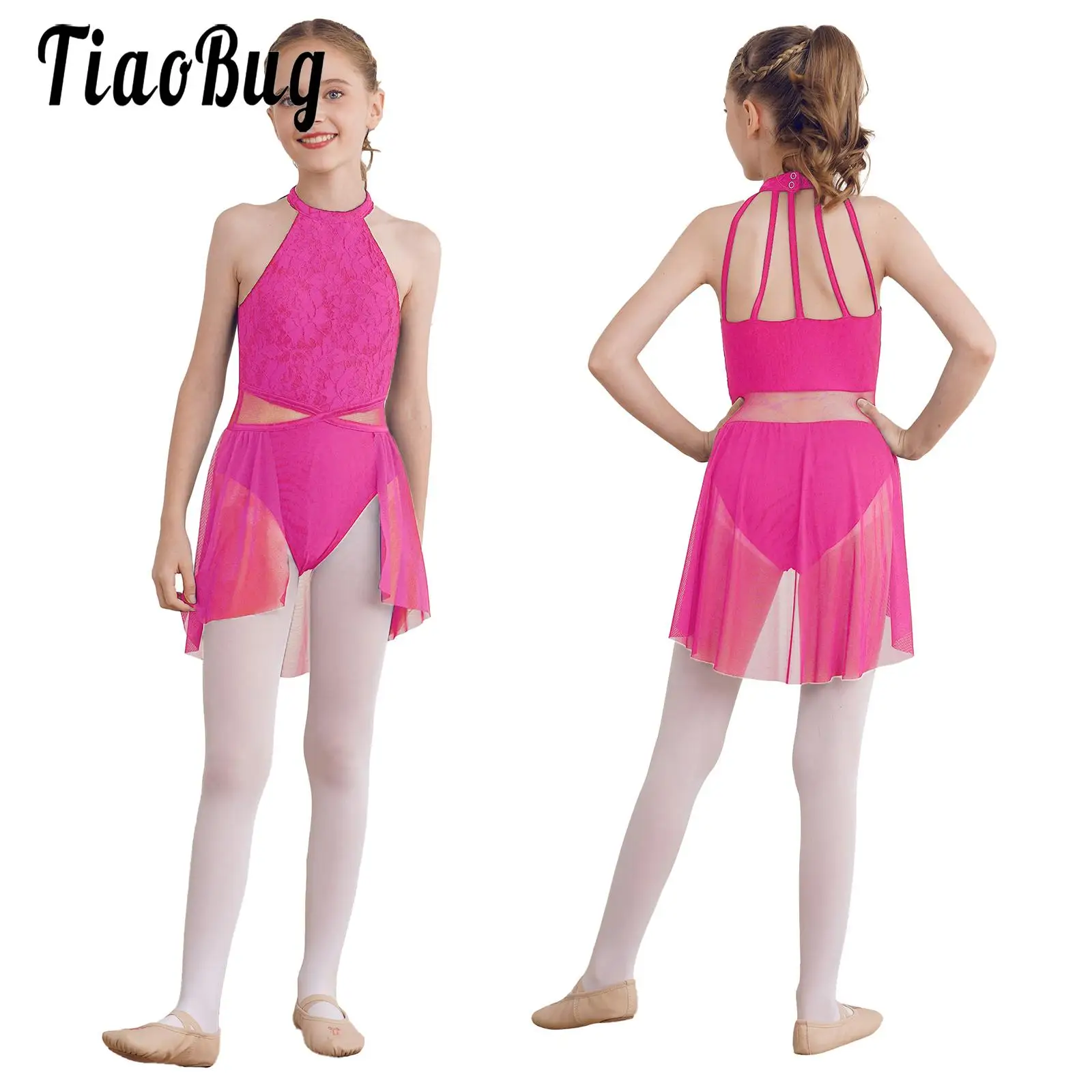 

Big Girls Skating Gymnastic Leotards Skirted Performance Competition Dress Sleeveless Halter Neck Mesh Splice Bodysuit Dancewear