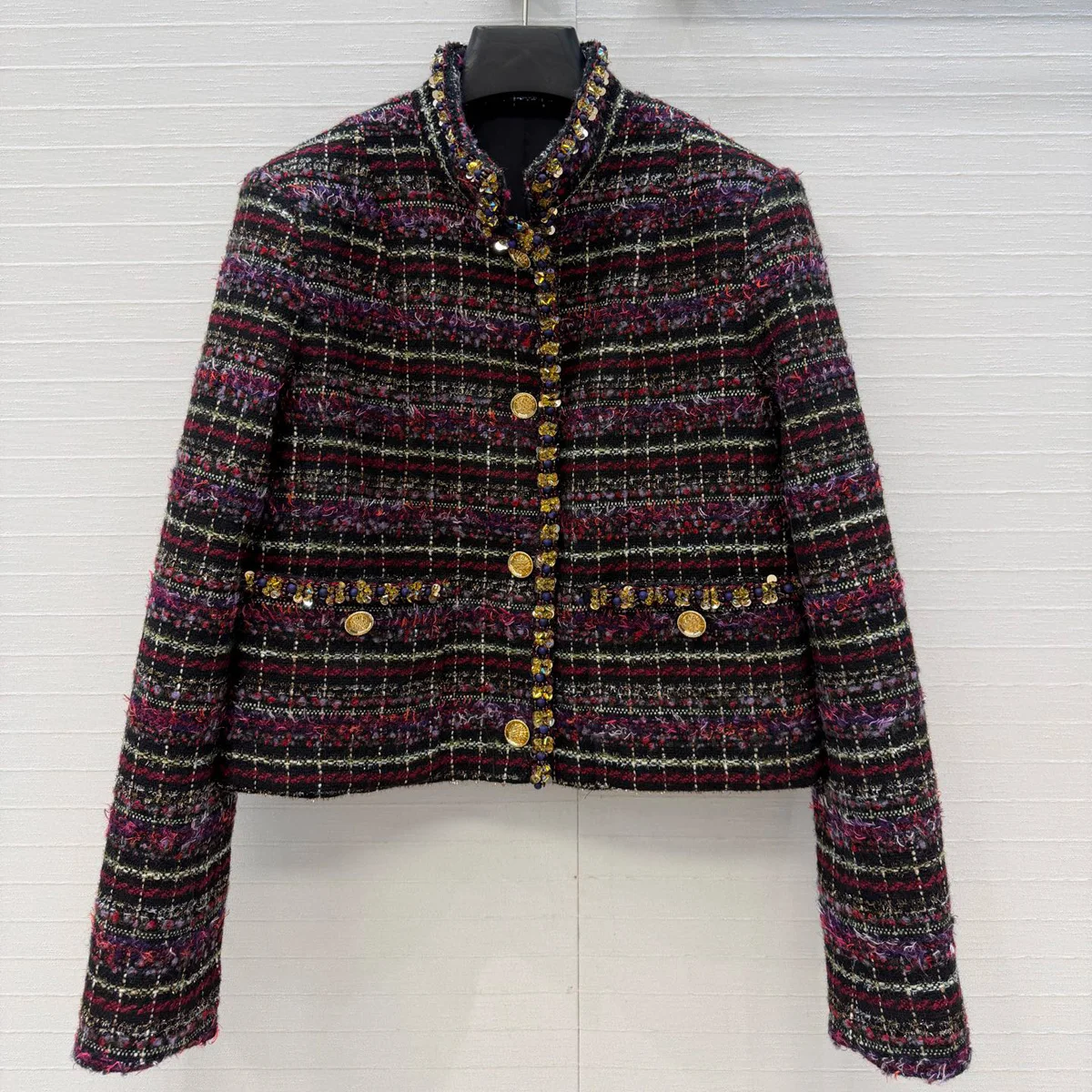 High Quality Women Stand Collar Tweed Short Jacket, Colorful Plaid Beaded Trim Gold Button Cropped Outerwear