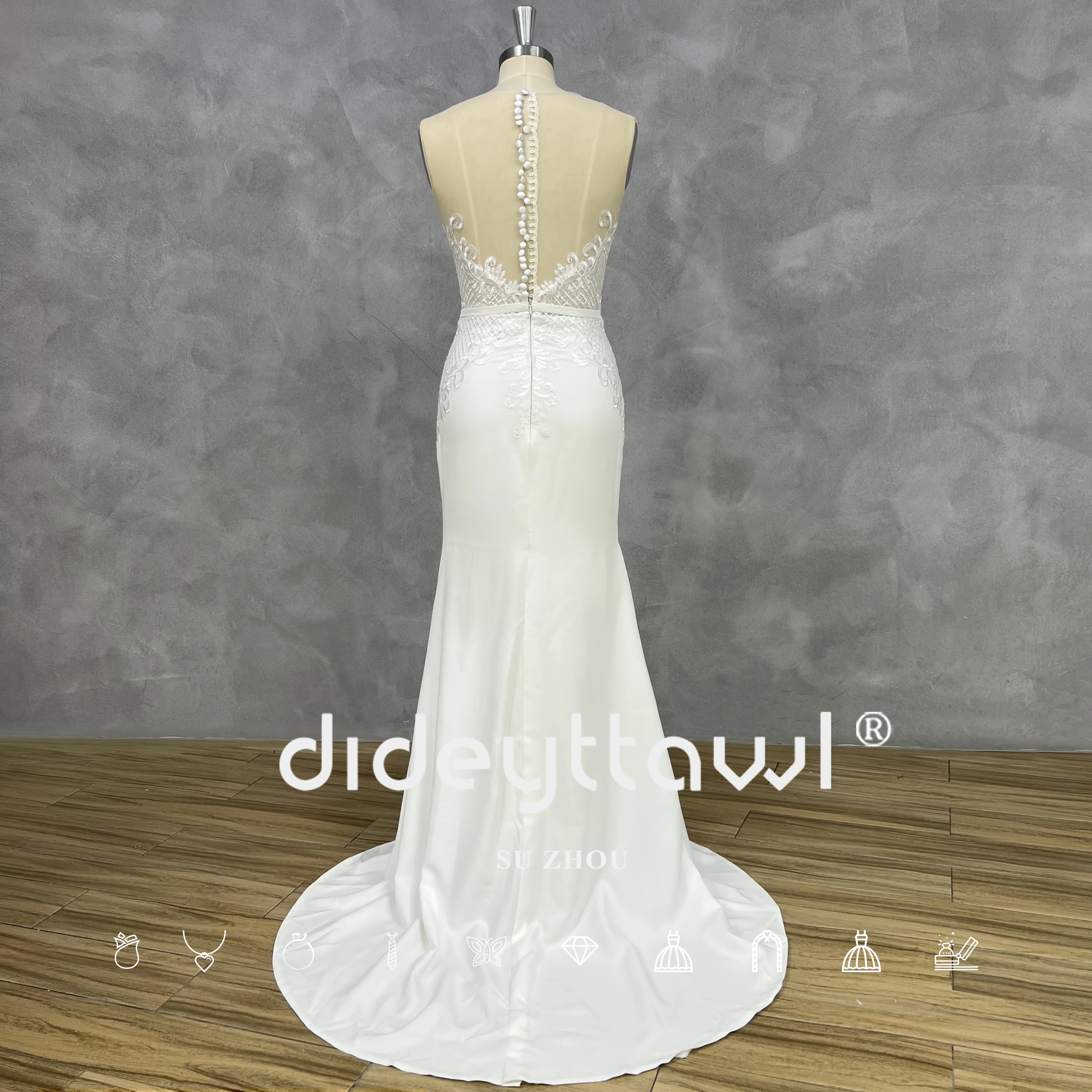 DIDEYTTAWL Real Picture O Neck Lace Applqiues Mermaid Wedding Dress Illusion Button Back Sleeveless Bridal Gown Custom Made