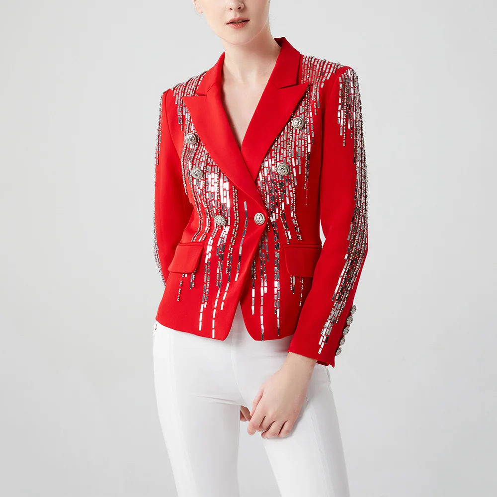 TWOTWINSTYLE Solid Spliced Sequins Blazer for Women Lapel Long Sleeves Patchwork Pockets Temperament Coat Female Clothing New