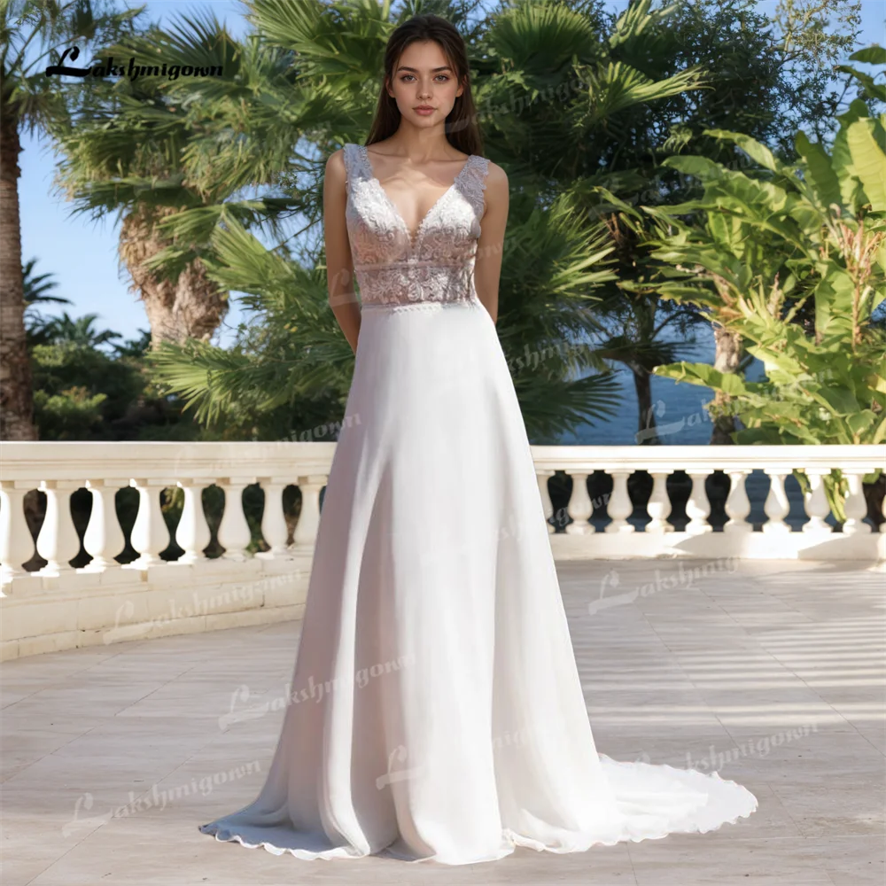 

Modest New Style A Line Chiffon Wedding Dress Customized Sleeveless Lace Applique V Neck Buttons Bridal Gown vestidos de novia