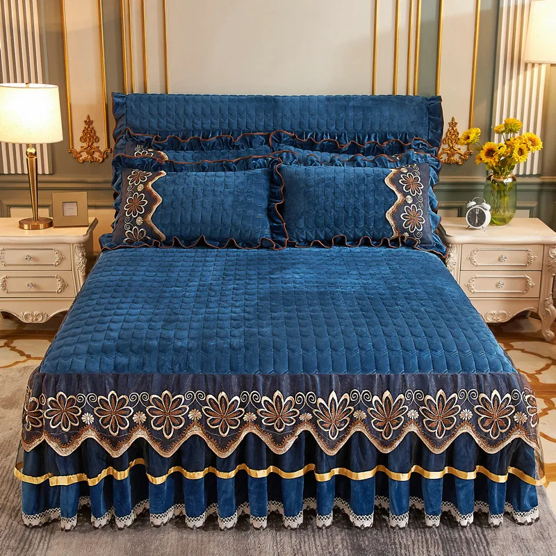 Luxury Winter Crystal Velvet Thicken Quilted Bedspread King Queen Size Flannel Bed Skirt Not Including Pillowcase