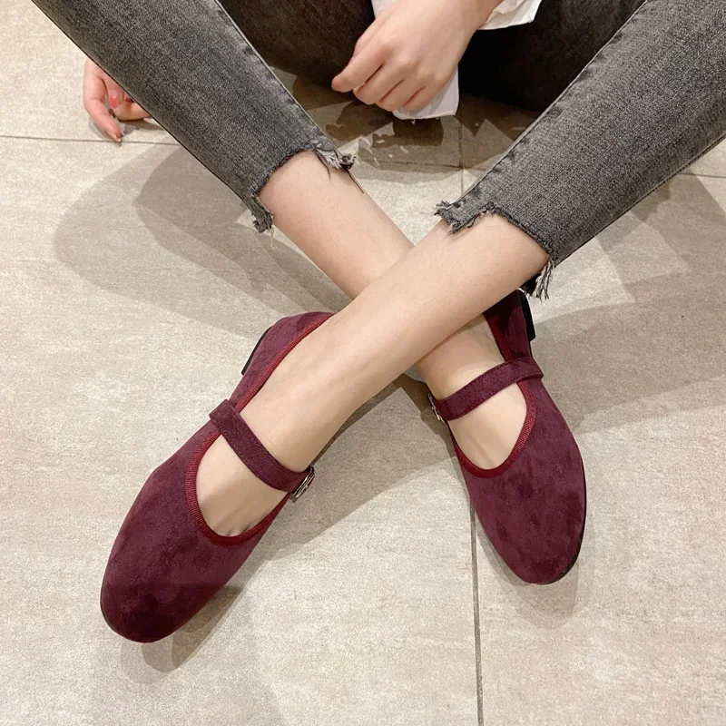 2024 New Autumn Black Purple Red Velvet Flats Women Shoes korea Flats Fashion Mary Jane Shoes Round Toe Women\'s Shoes