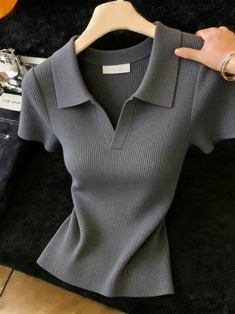 Outlet Guangzhou Thirteenth Factory Ice Silk  Collar Short Sleeve Knitted T-Shirt Women Summer Trendy Ageless Top