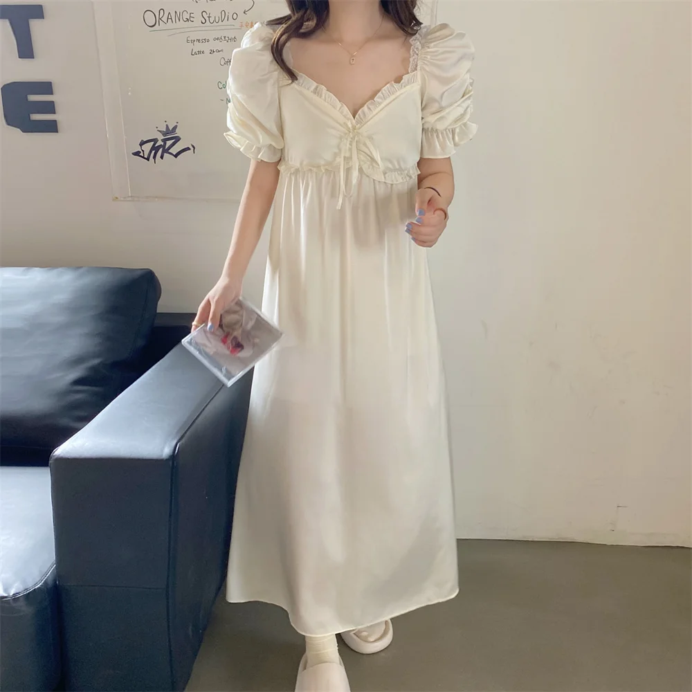 Court Style Nightgown 2023 New Women Long Nightdress Retro Elegant Sleepwear Loose Casual Silk Satin Home Dress Loungewear