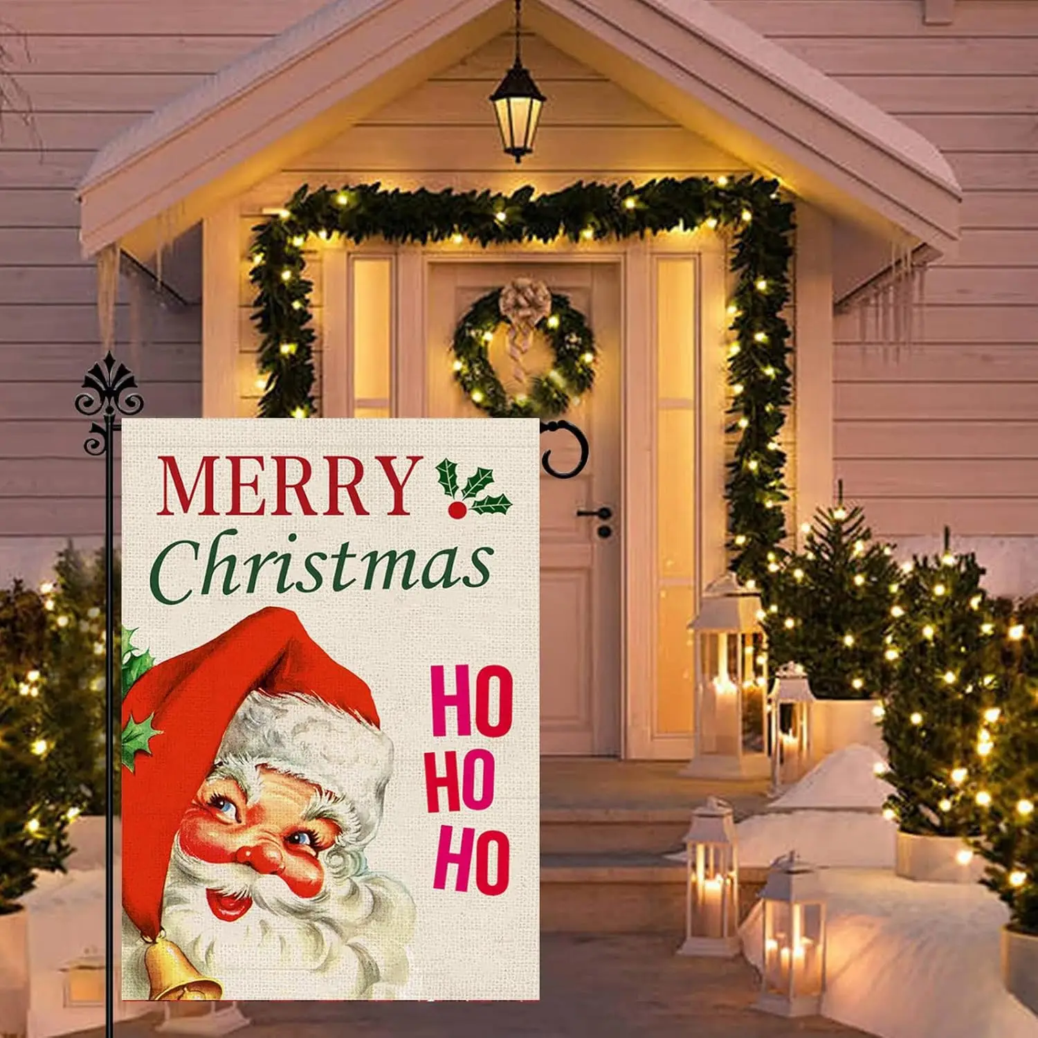 Santa Clause Garden Flag, Christmas Flags 12x18 Double Sided for Outside, Winter Small Yard Burlap Flag Mini Vertical Rustic zzo