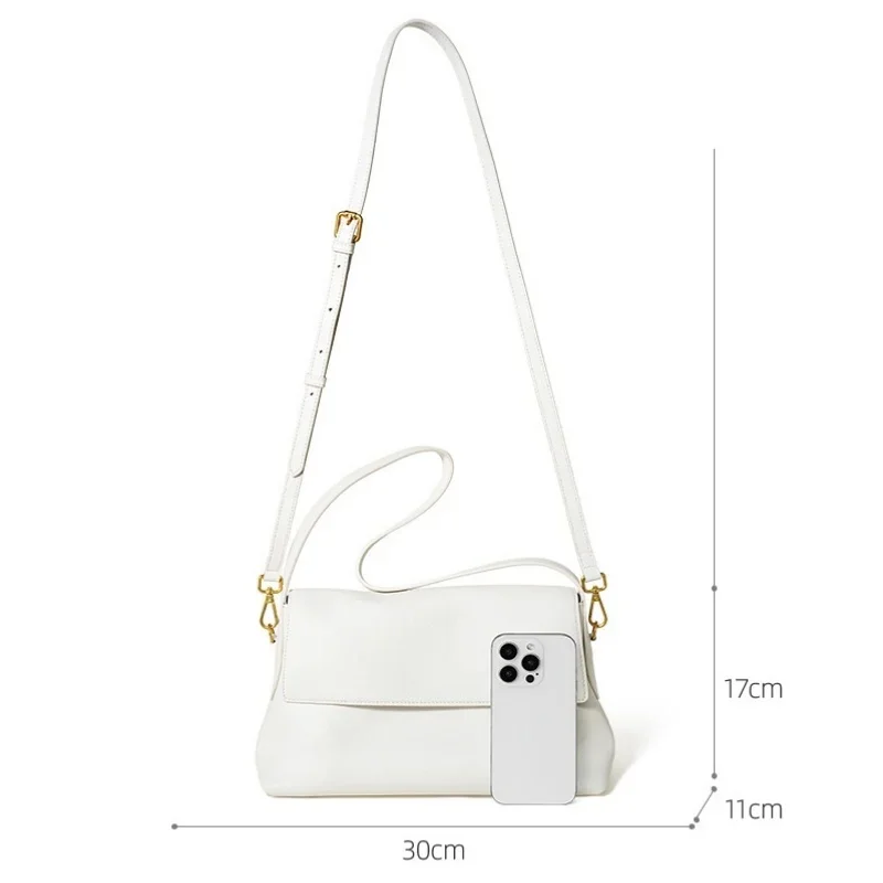 Women Premium Top Grain Cowhide Flap Messenger Bag Detachable Strap Gold Hardware Crossbody Bag For Office Daily Casual