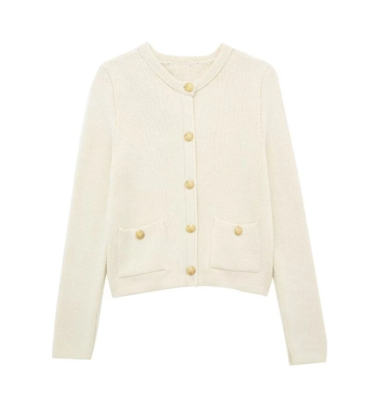 

Autumn New Arrival Women's Slimming Design Knitted Jaet Gold Button Long Sve ort Sle Fce Sweet Sle Cardigan
