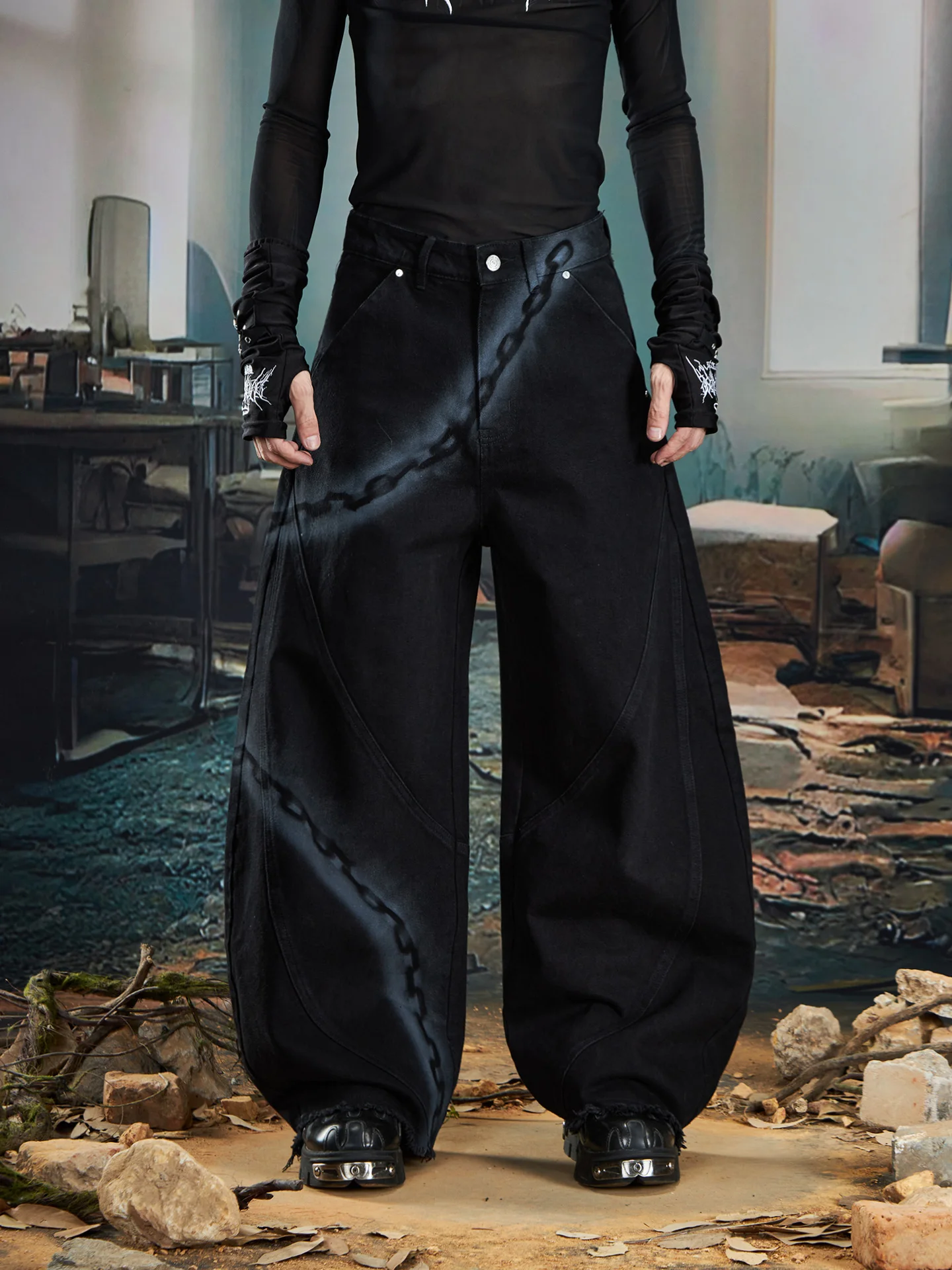 Special-Interest Design Personality Dark Inkjet Graffiti Chain Washed Wide Leg Machete Jeans Mid Waist Fashion Pants