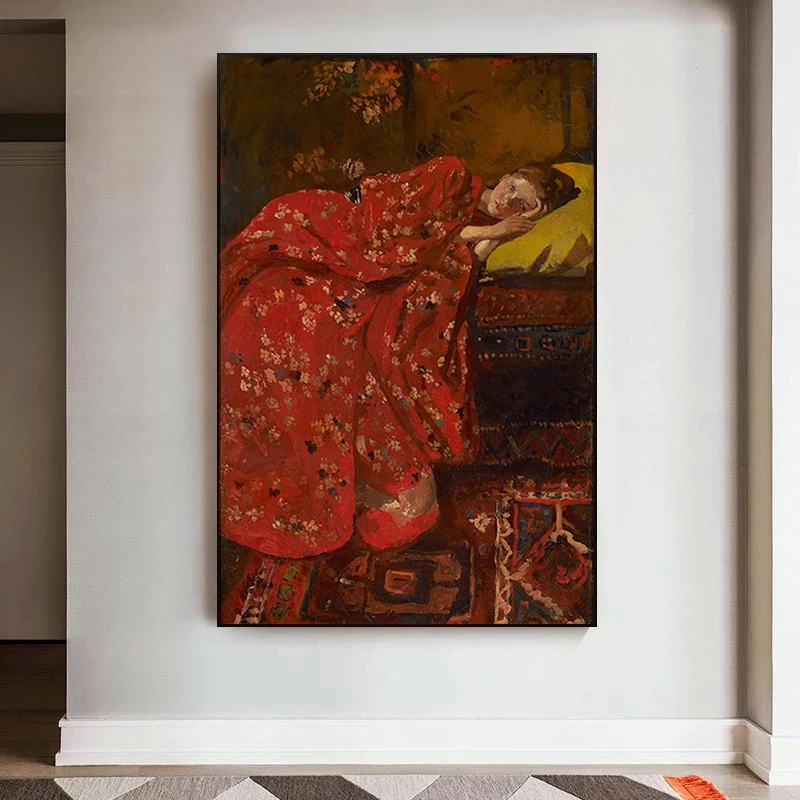 By George Hendrik Breitner Girl In A Red Kimono Canvas Paintings  Posters Prints Wall Art for Living Room Picture Decor Cuadros