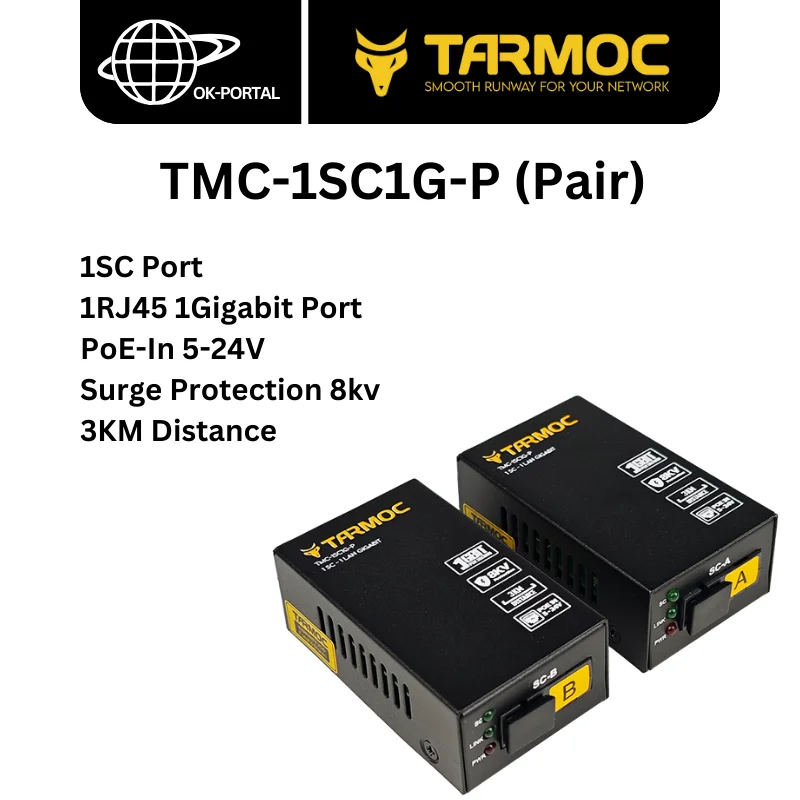 Гигабитный волоконный трансивер Tarmoc, медиа-конвертер 1SC + 1RJ45, 1 гигабитный PoE-In 5-24 В, однорежимный, одноволоконный