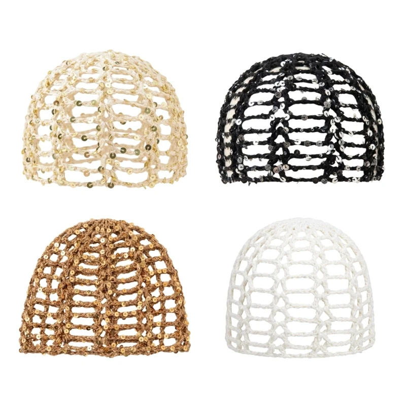 573B Breathable Cotton Hollows Out Knitted Hat Glitter Embellishment Meshes Hat for Women Summer Outdoor Activity