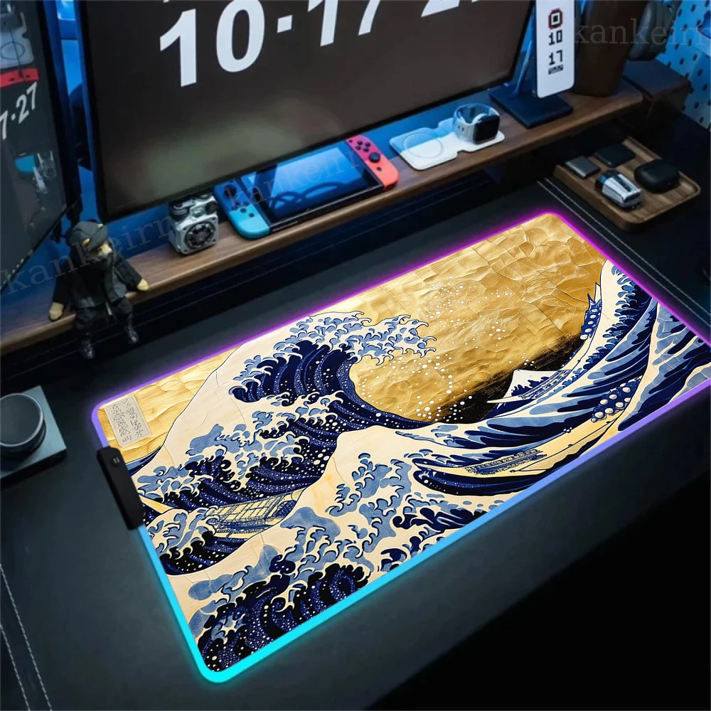 RGB Gaming Mouse Pad Desk Mat LED Light Mousepad Artistic The Great Wave off Kanagawa PC Computer Carpet With Backlit Mouse Pads