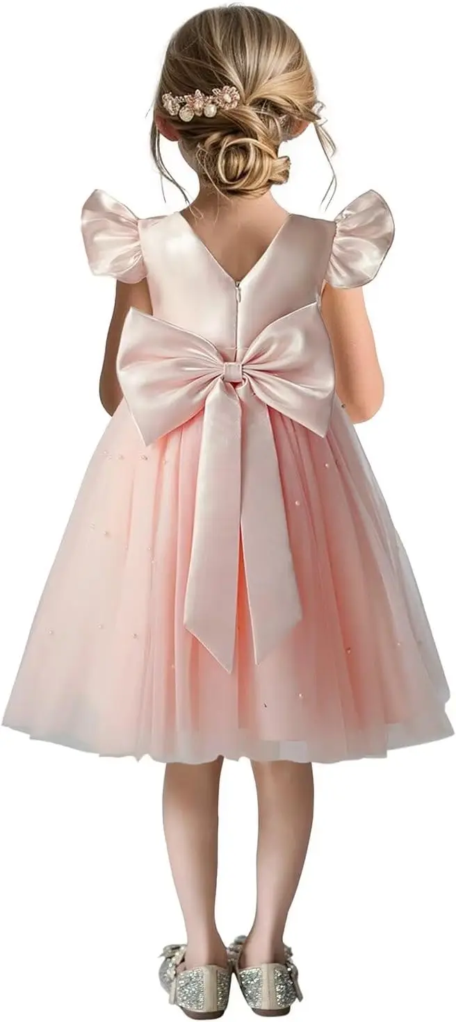 Satin Flower Girl Dress V-Back Ruffle Sleeve Dresses Girls Tulle Dress for Wedding First Communion with Bow-Knot