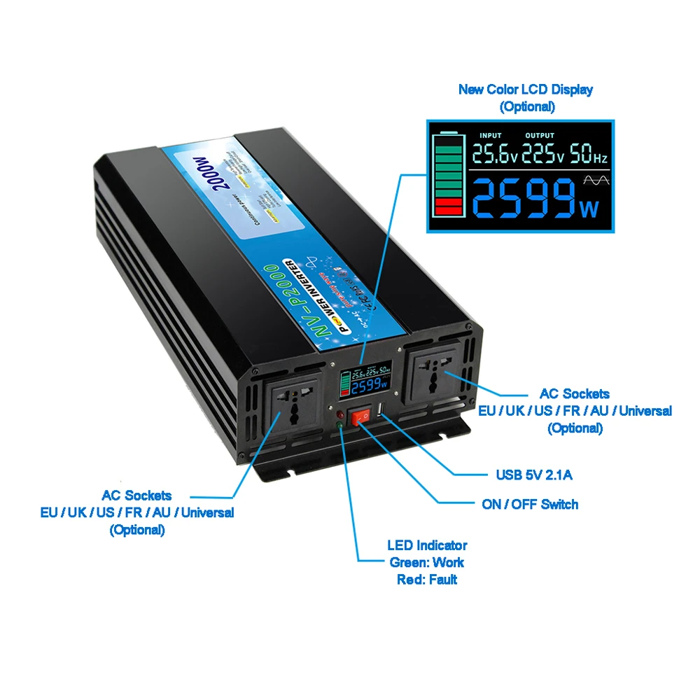1000W 1KW 1000 Watt Solar Inverter DC To AC Pure Sine Wave For Solar Panel System 48V 24V 12VDC To 110V 120V 220V 230V 240VAC view 3