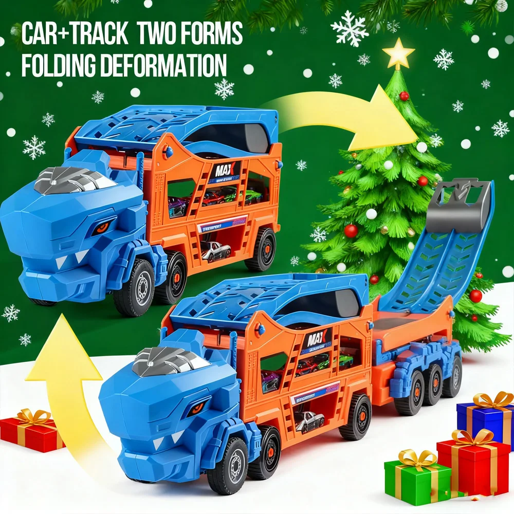Double-Rail Transforming Toy Truck Christmas Gift with 6 Mini Cars Color Box Packaging Perfect Holiday Surprise for Kids