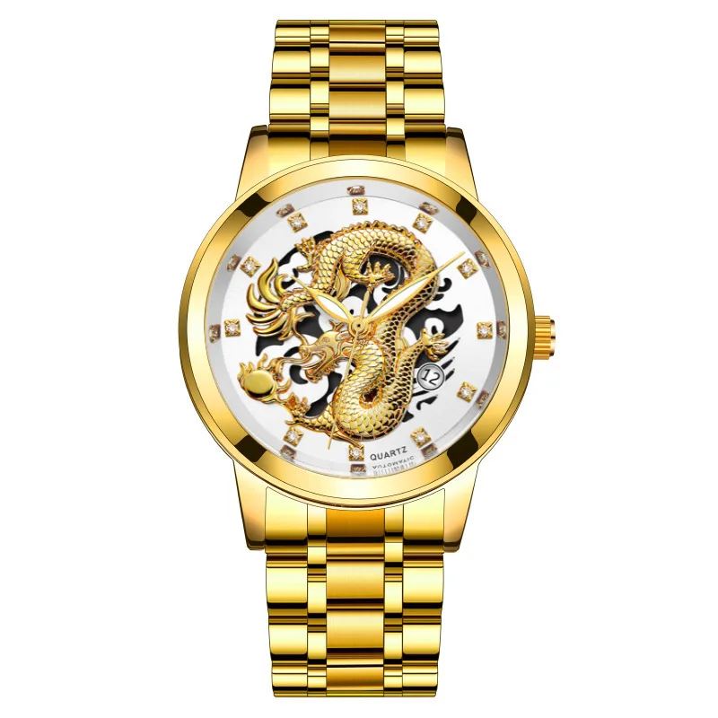 Fashion Gold Dragon Watch Men Luxury Stainless Steel Business Casual Quartz Wristatch Date Male Clock Montre Homme Drop Shipping