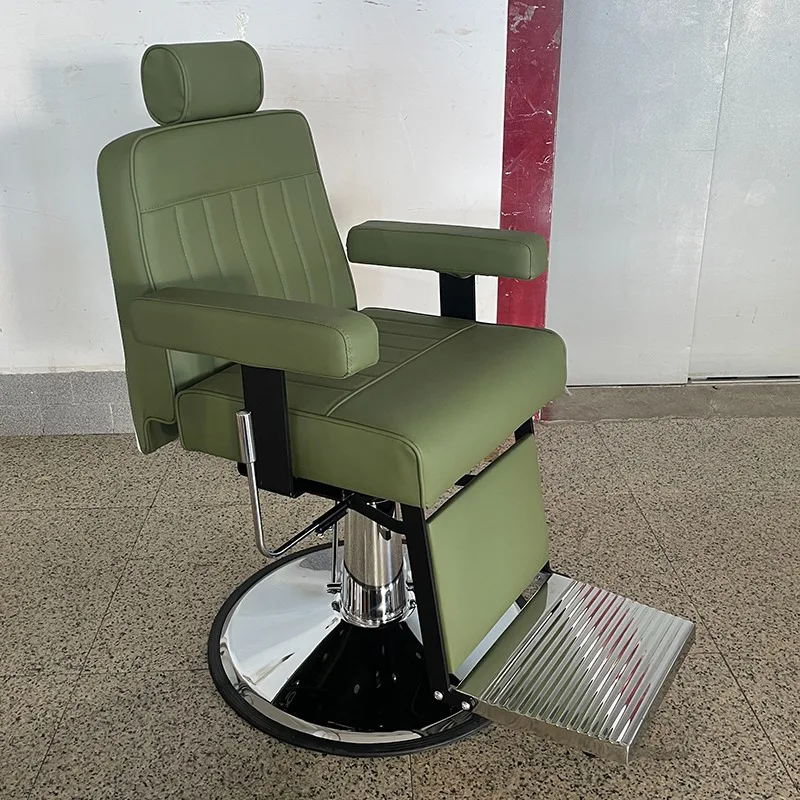 Barbershop Furniture Silver Round Base Green Leather Hairdressing Chair Luxury Modern Swivel Salon Shaving Barber Chair