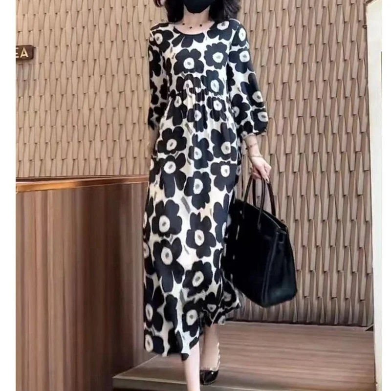 

Summer New Round Neck Three Quarter Fashion Midi Dress Women High Street Casual Printing Dresses Elegant Vintage Chic Vestidos