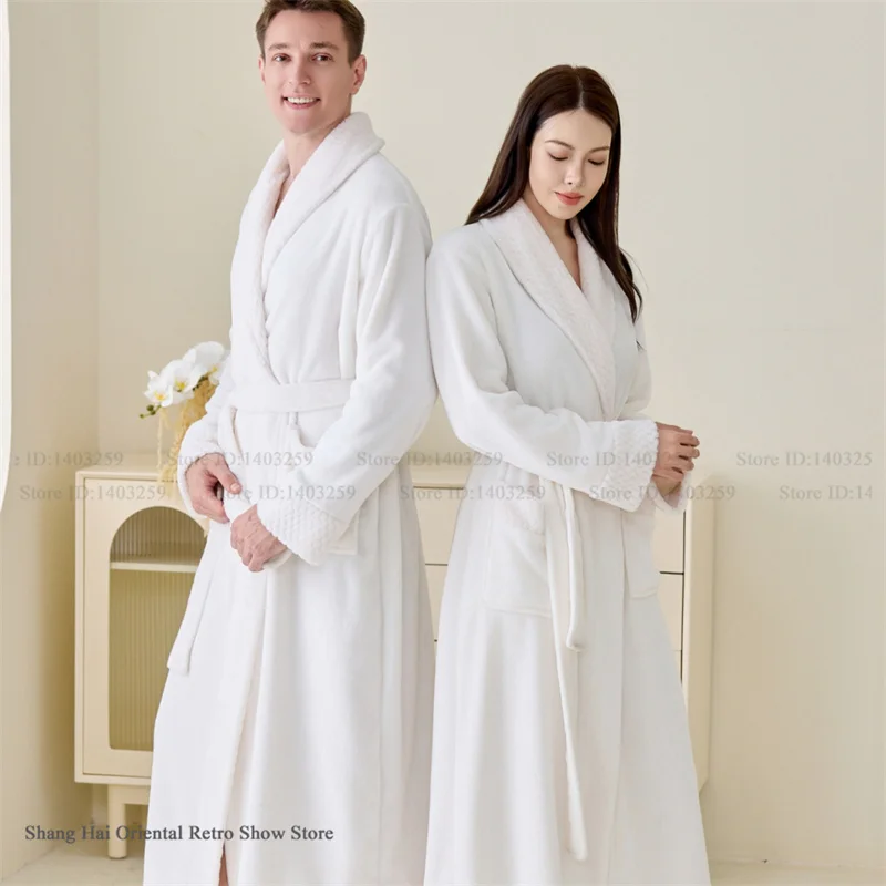 Winter Warm Long Robe Kimono Gown Soft Flannel Bathrobe Plus Size Thicken Couple Sleepwear Loose Coral Fleece Home Clothes