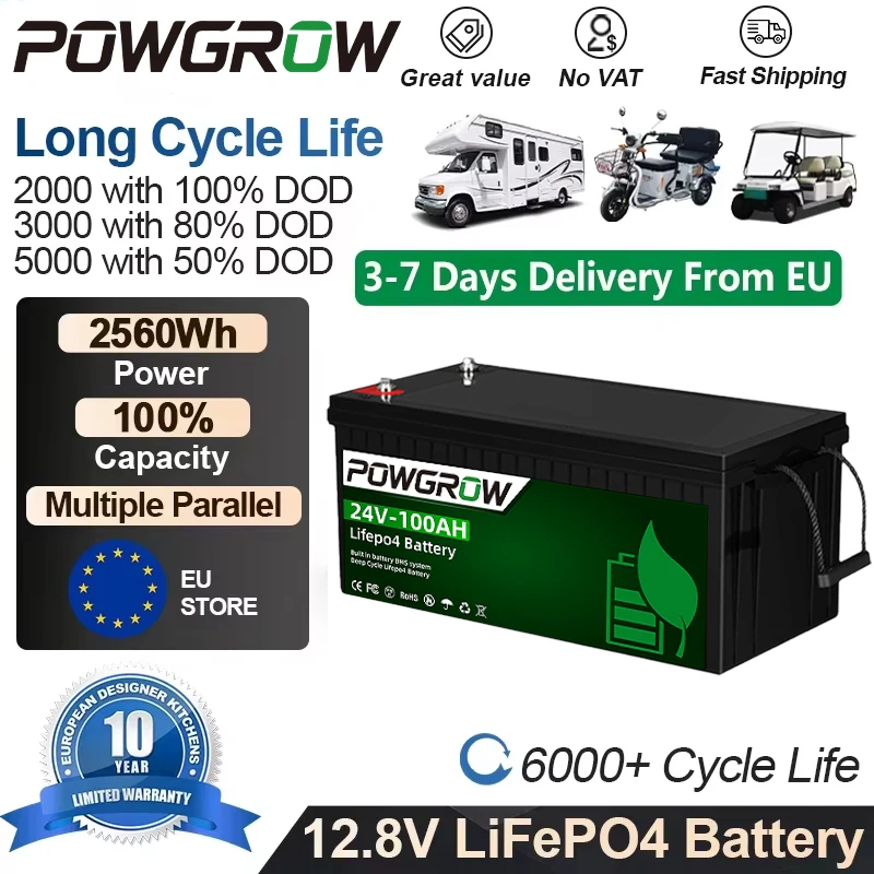 POWGROW 12V 24V LiFePO4 Batterij 100AH 200AH Lithium IJzer Fosfaat Batterijen Cycli Touring Car Solar RV Campers EU Voorraad Belastingvrij