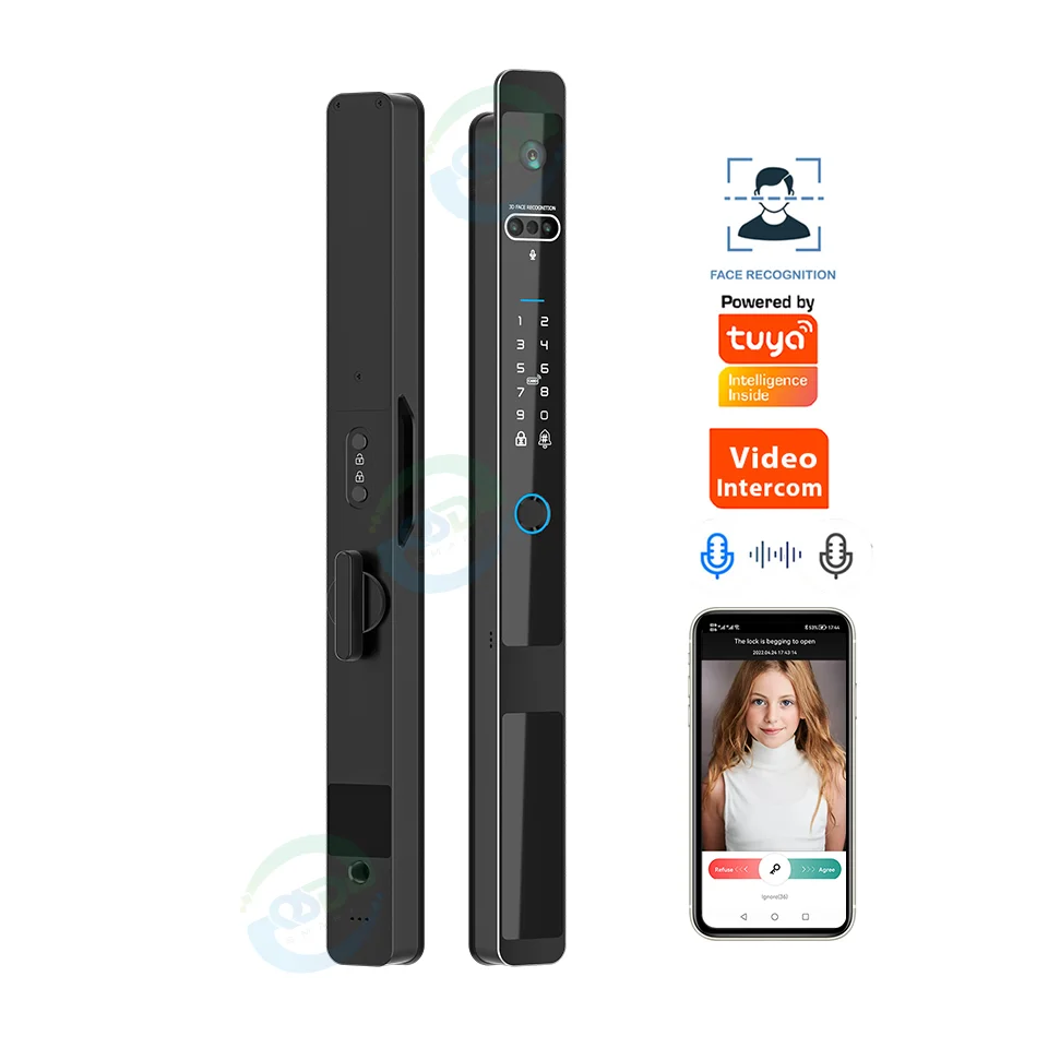 Intelligent Tuya App Aluminum Slim Fingerprint Door Lock 3D Face Recognition Automatic Smart Aluminum Sliding Camera Lock