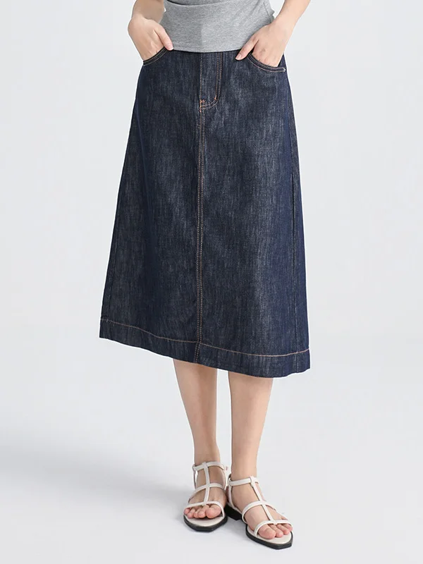 

High Waist A-Line Denim Skirt Thin Design Ba Slit Anti-Fading Cotton Blend Commute Sle Mid-Length Pure Color