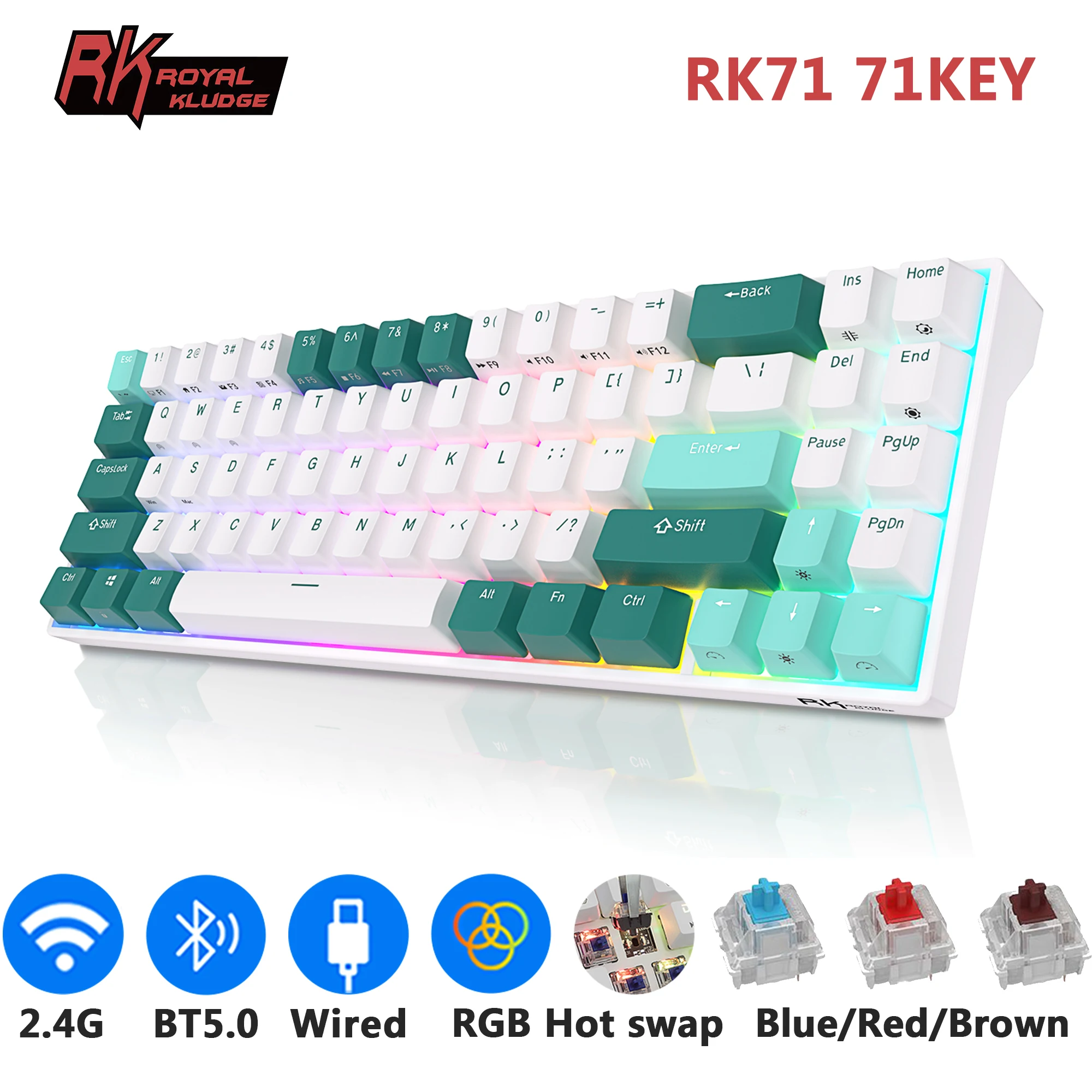 

RK ROYAL KLUDGE RK71 Mechanical Keyboard 70% 71 Keys RGB Compact Wired 2.4G Wireless Bluetooth 5.0 Gaming Keyboard for Desktop