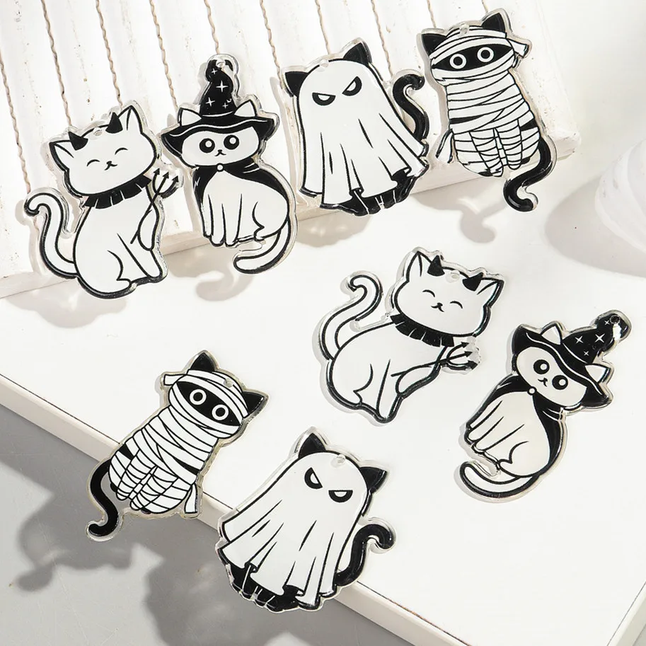 10 teile/los Halloween Nette Weiße Hexe Hut Katze Geist Acryl Charms Anhänger für DIY Schmuck Machen Schlüsselbund Ohrringe Zubehör