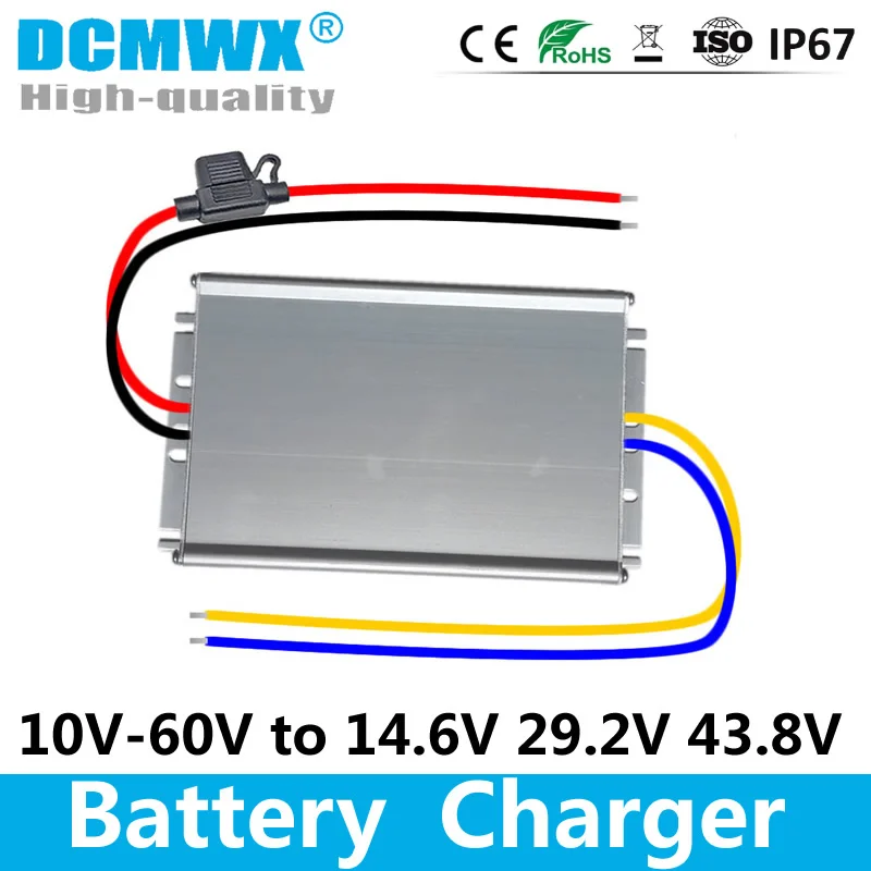 DCMWX Waterproof DC 10-36V 12V 24V to DC 14.6V 29.2V 43.8V Lifepo4 Lithium Battery Charger for RVs Boat Car Dual Battery System