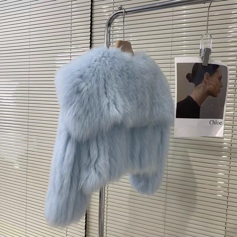 Jaqueta Fena Curta Estilo Jovem com Gola Azul-Marinho e Pele Sintética de Raposa, Versão Coreana, Ecológica, Ajuste Solto...