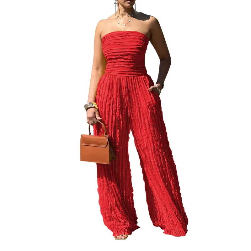 2026 European and American women's jumpsuit, high waist, sexy tube top, sleeveless, wide legs, casual vacation party, summer