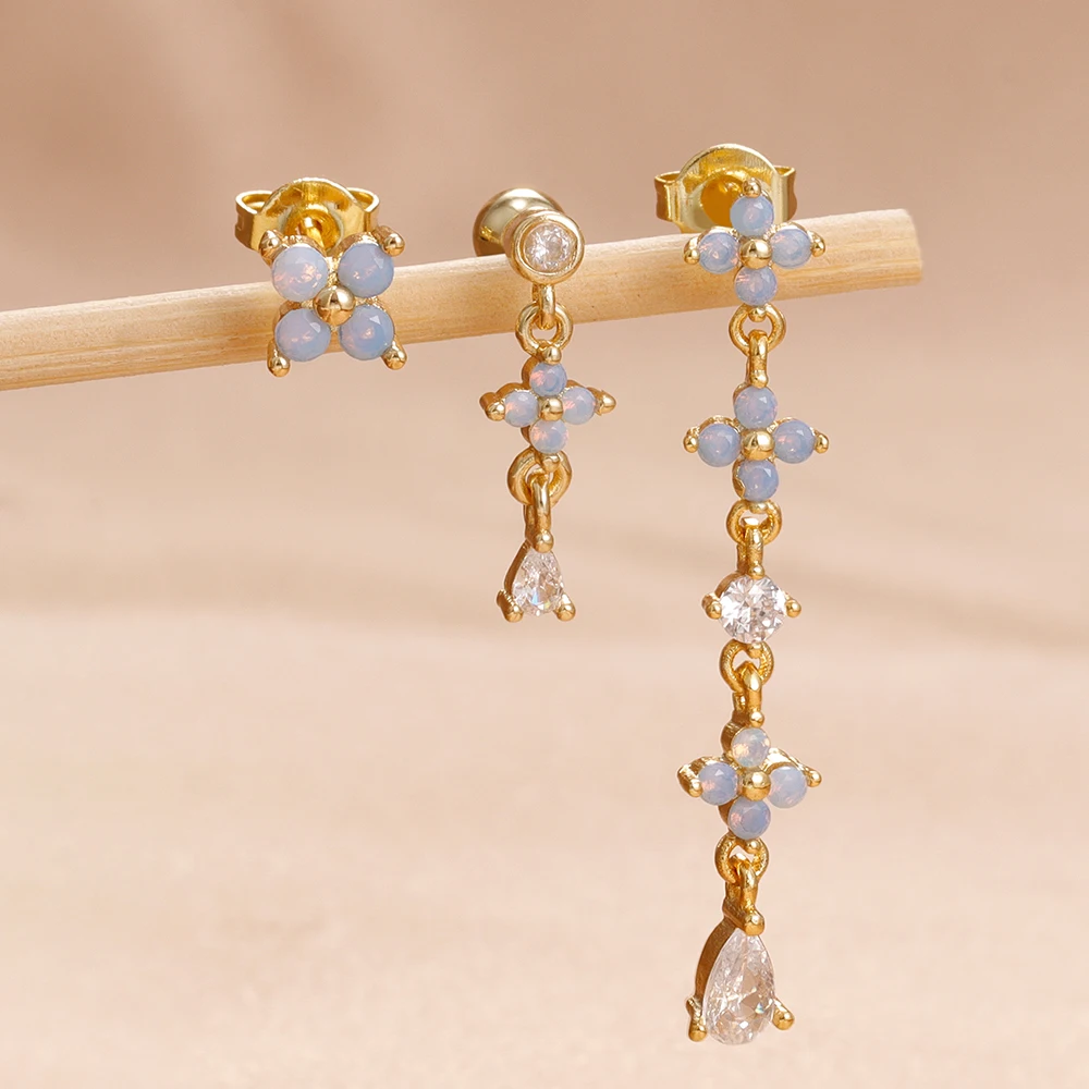 3PCS Luxury Blue Flower CZ Ear Stud Earrings Set For Women Exquisite Cubic Zirconia Stainless Steel Earring Fashion Jewelry