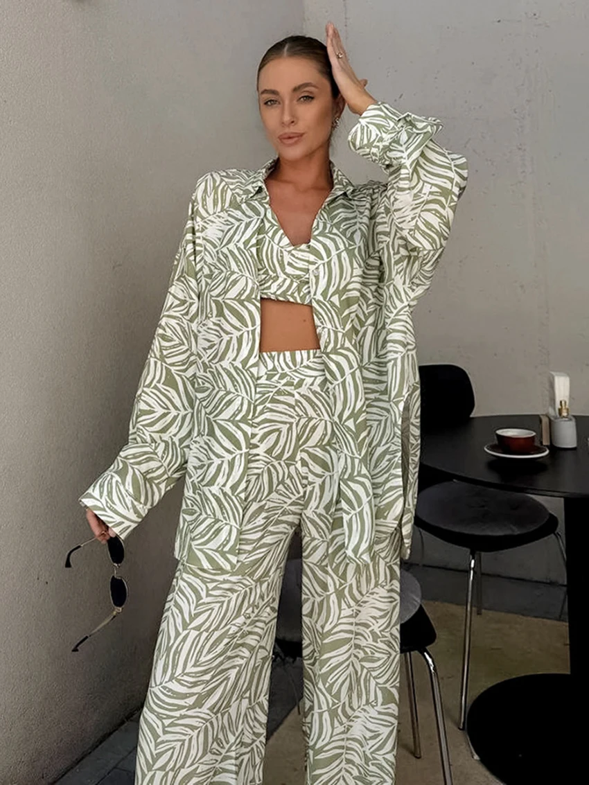 Marthaqiqi Printing Women Pajama Suit Long Sleeve Robe Turn-Down Collar Sleepwear Tank Top Nightwear Pants Nightgown 3 Piece Set