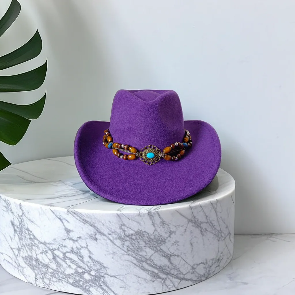 

Wholesale Purple Cowboy Hat 2023 Cowboy Hat Monochrome Felt Hat Men's and Women's Large brim Outdoor Hat Knight Hat New Style