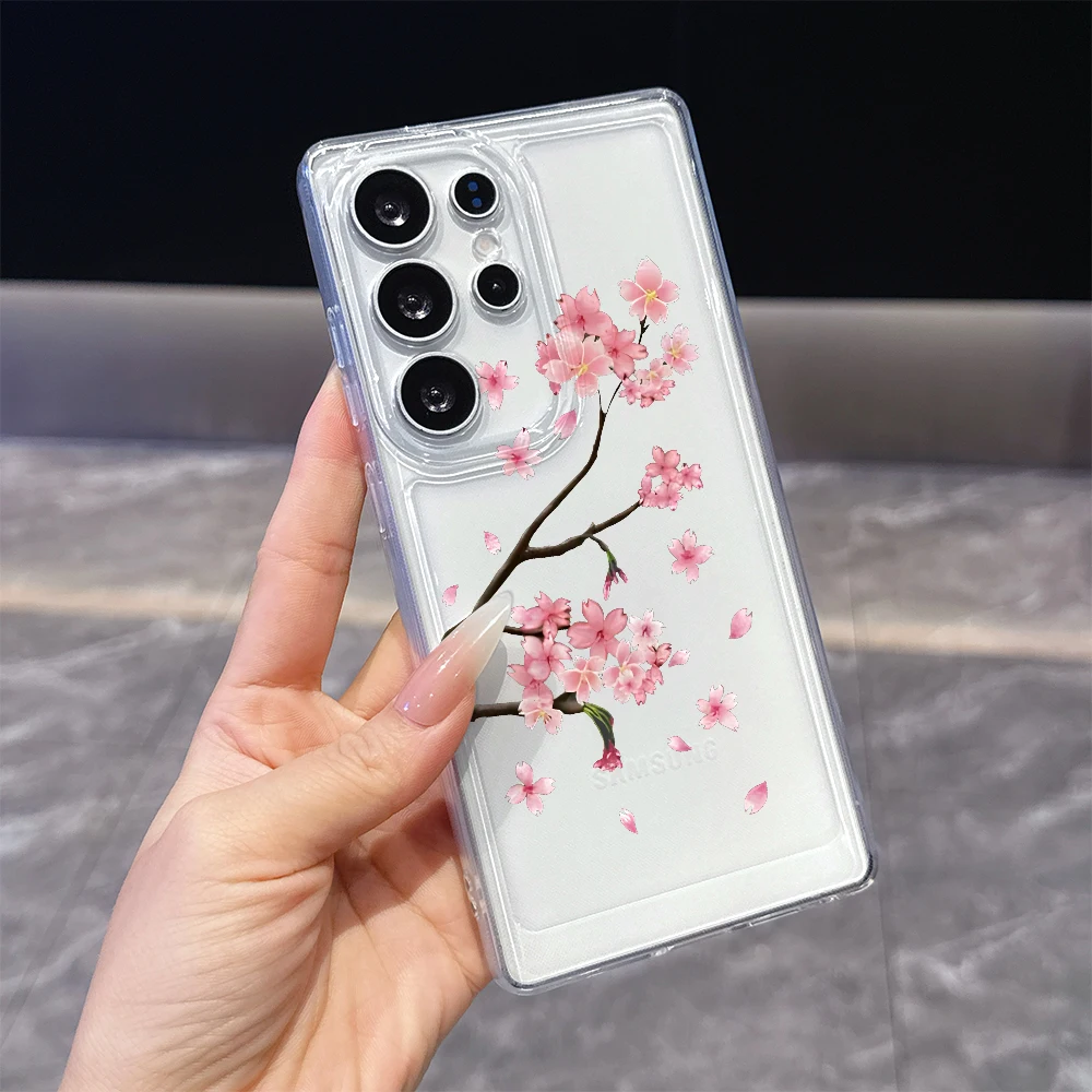 Falling Pink Cherry Blossom Branch Clear Soft TPU Phone Case For Samsung S26 S24 S21 FE Plus A57 Anti Scratch Slim Back Cover