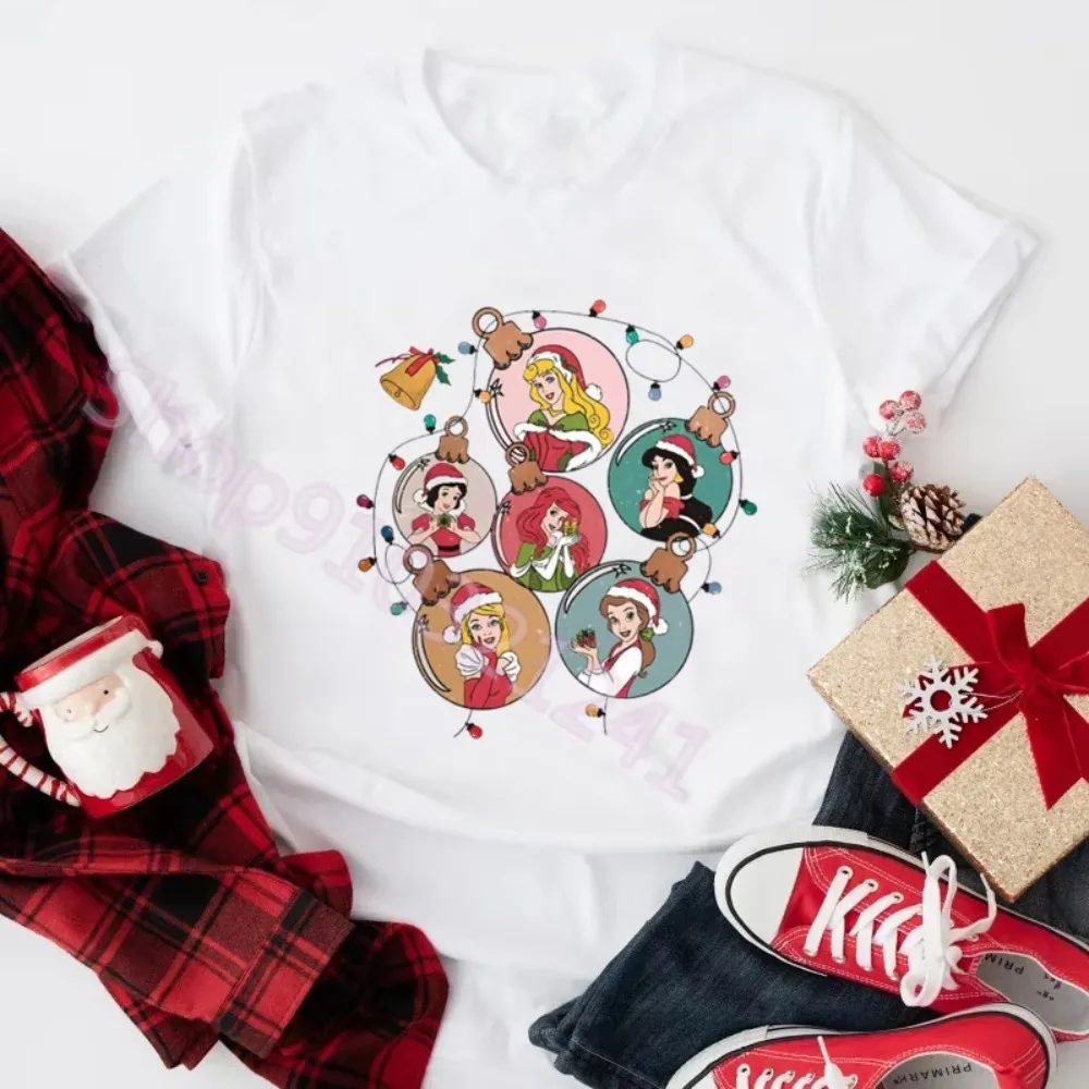 

Disney Christmas Tee Cartoon Princess T Shirt Tops Festival Vintage Female T-shirt Aesthetic Clothes Harajuku Woman Men T-shirts