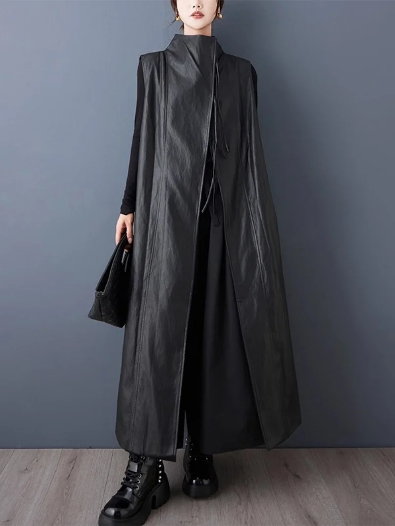 

Осенний дизайн 2025 года, модный жилет из искусственной кожи, свободный и повседневный, с нестандартным воротником-стойкой, модное длинное пальто W983