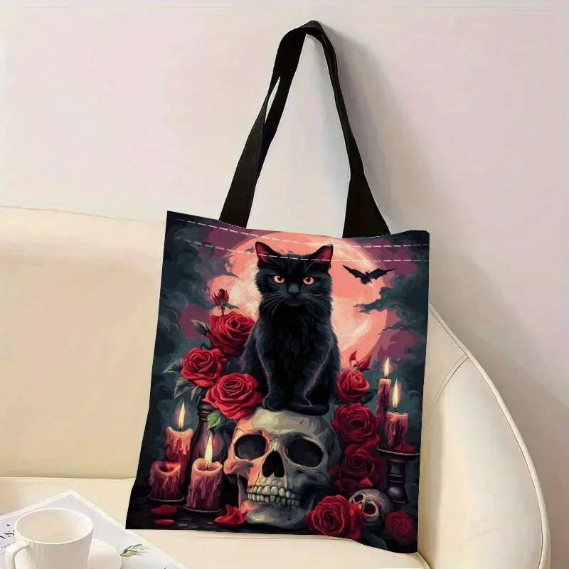 고딕 미스터리 토트백 할로윈 검은 고양이 해골, 장미 숄더백 유령의 고딕 호러 테마 선물 핸드백 데일리 캐주얼 사용