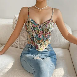 ISAROSE Vintage Corset for Women Summer Floral Spaghetti Straps Back Zipper Non Stretch Backless Fishbone Crop Tops Camisole