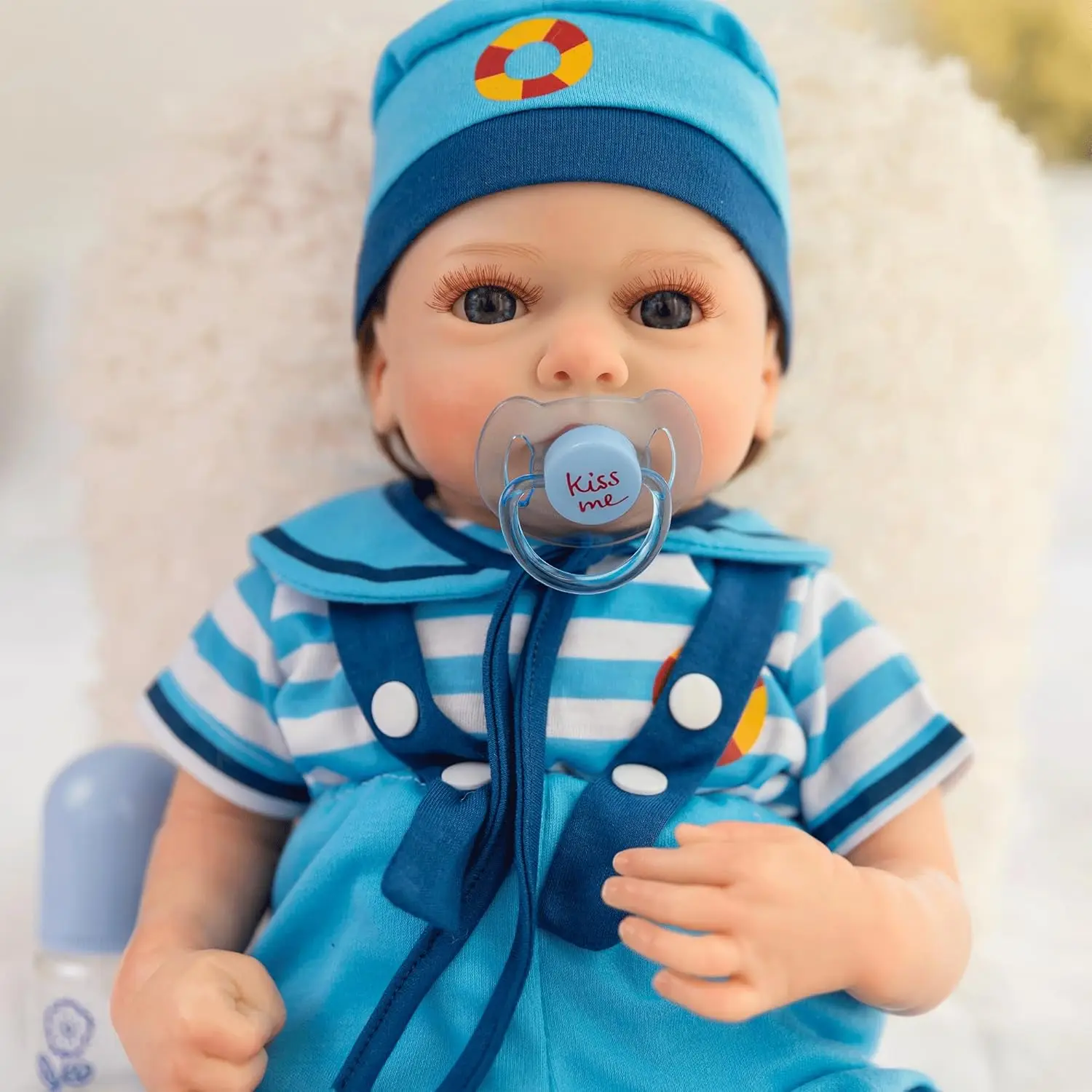 18 Inch Realistic Navy Style Bottle Feeding Lay Flat Reborn Doll Collectible Plaything Suitable for Toy Collectors Ideal Gift for Birthdays And Festivals